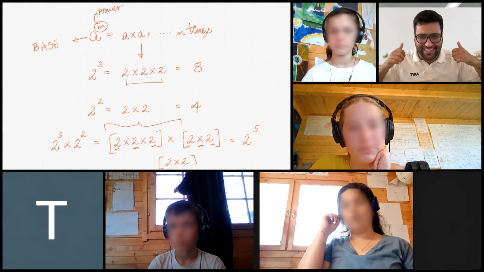 A live online maths session: powers and exponents worked through on a shared whiteboard